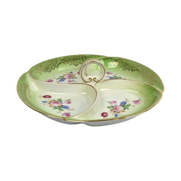 Vintage Tirschenreuth Bavaria Serving Tray: Green & Gold Floral Porcelain Dish - Picture 3 of 6